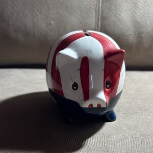 Red and White Striped Ceramic Piggy Bank w/ blue bottom and white stars